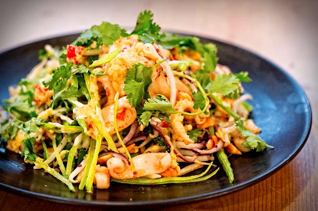 Chilli Squid with Peanut salad and Coconut yoghurt