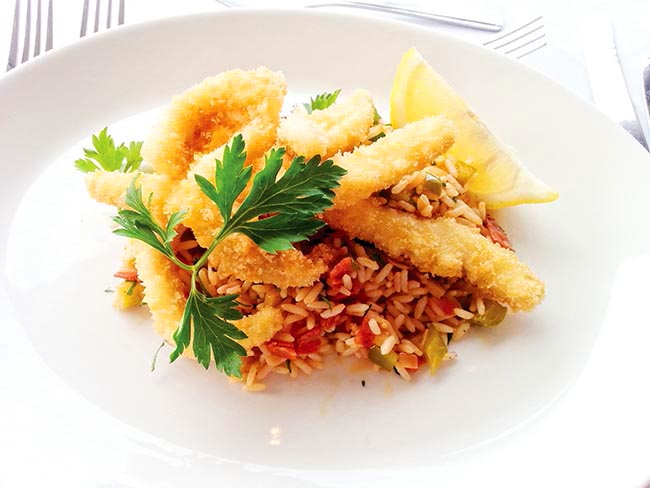 Crispy Calamari with Lemon, Parsley and Chorizo rice
